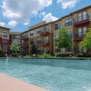 a pool in front of a building